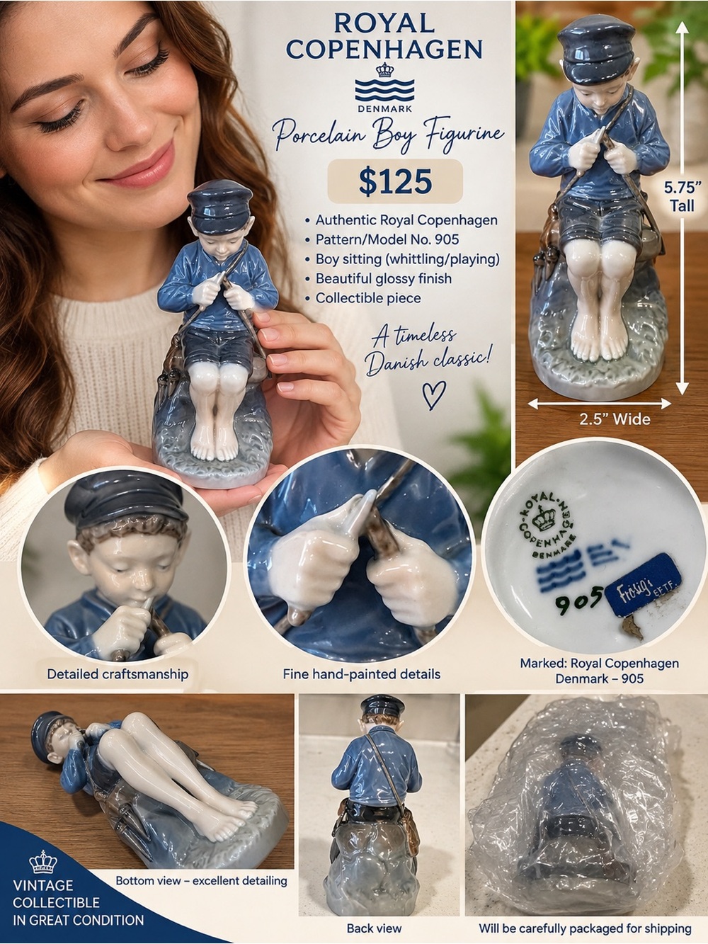Royal Copenhagen Blue and White Porcelain Boy Figurine